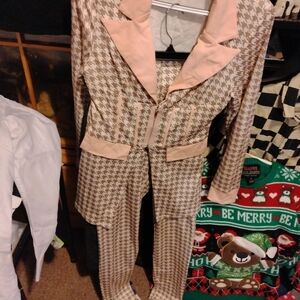 Chic Houndstooth Blazer and Pants Set - Pink and Brown